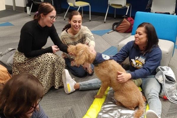 2 smiling students petting dog